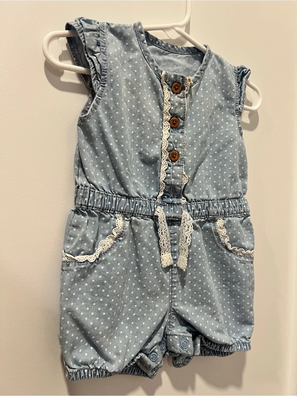 George 6–9M Chambray Polka Dot Romper | Lace Trim Baby Girl Bubble Romper